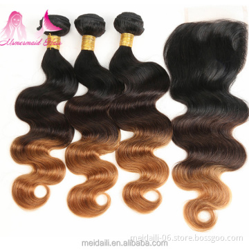1b/4/27 ombre body wave hair virgin peruvian sew in human hair weave 3 hair bundles with 4*4 closure